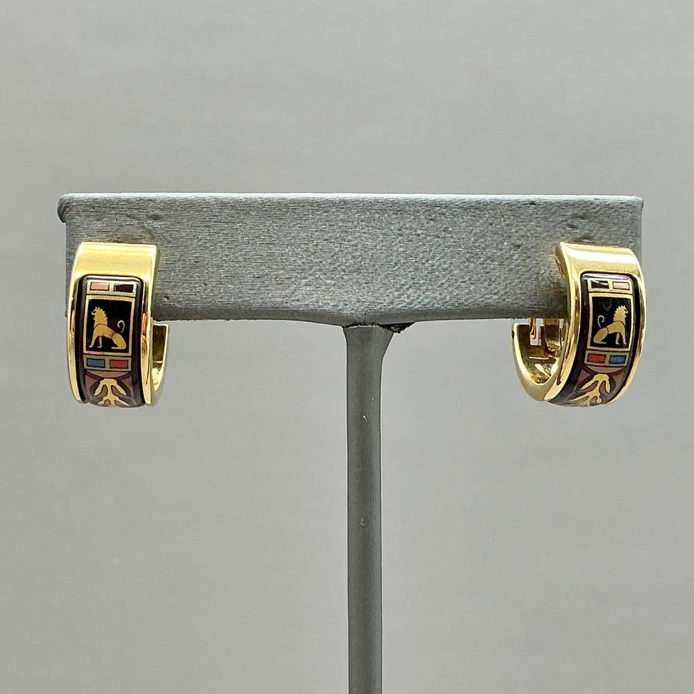 Michaela Frey Earrings Vintage Egyptian Revival Sphinx Enamel Gold Tone Hoops